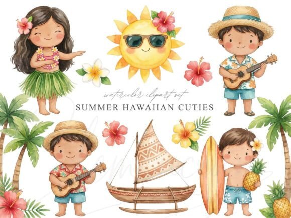 Download Cute Hawaiian Kids Clipart Set - Hawaii Collection