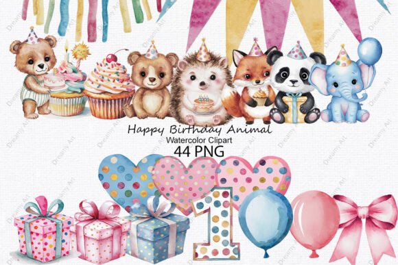 Download Happy Birthday Animal Watercolor Clipart - Happy Collection