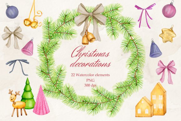 Download Christmas Decorations. Watercolor. PNG. - Decoration Collection