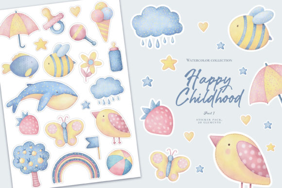 Download Happy Childhood. Watercolor Stickers. - Happy Collection