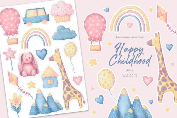 Download Happy Childhood. Watercolor Stickers. - Happy Collection